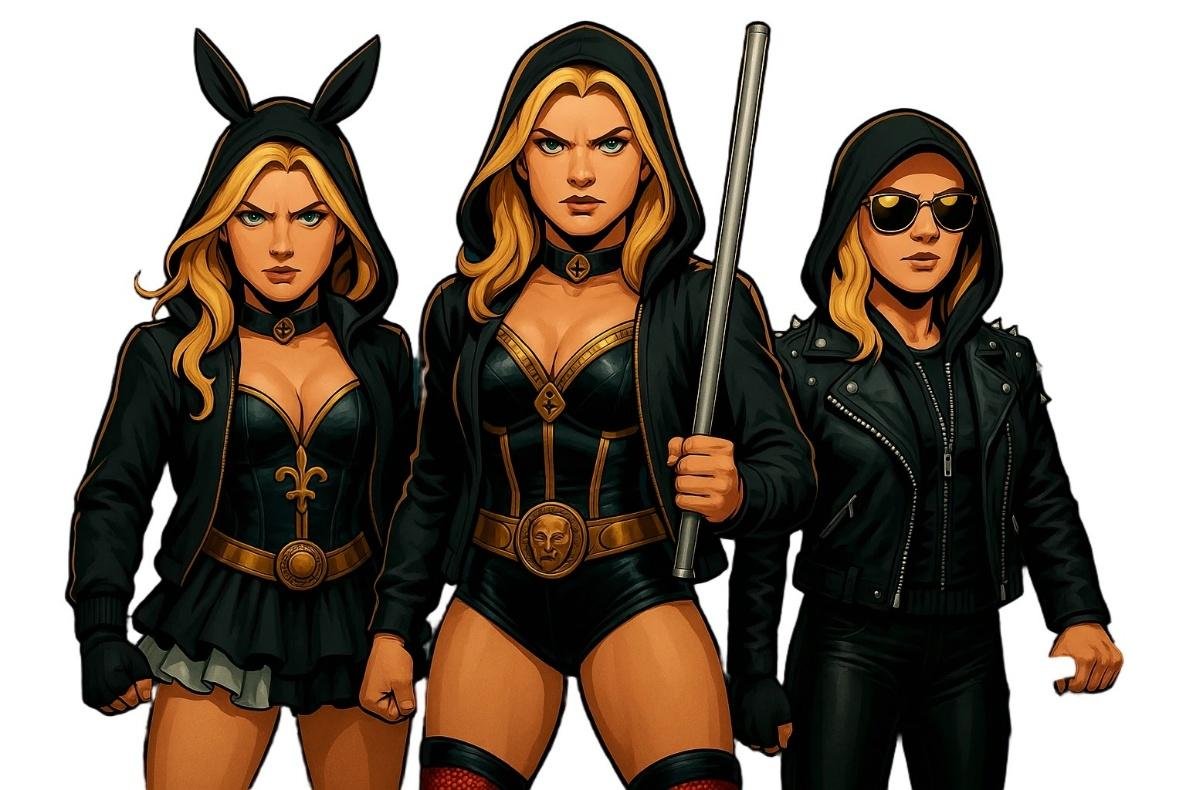 A group of women in black and gold clothing

Description automatically generated