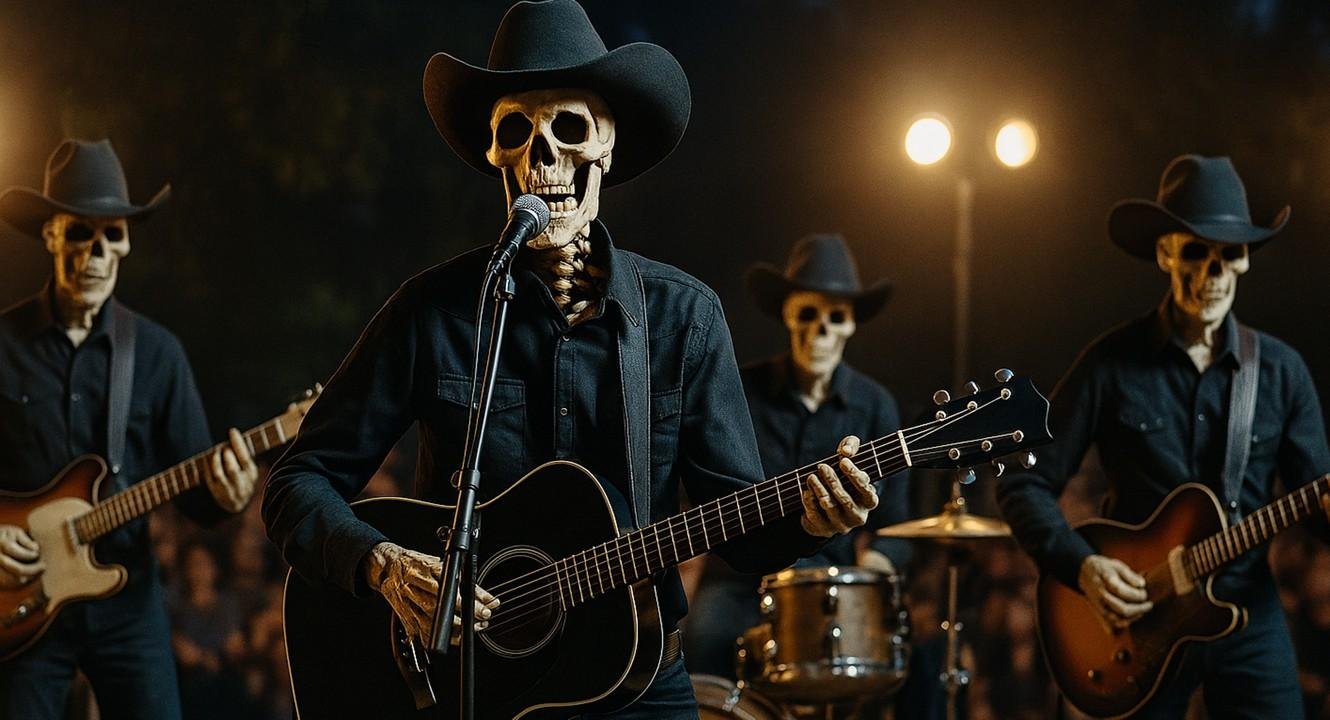A skeleton playing guitar and singing

Description automatically generated