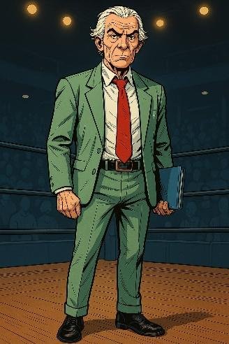 A person in a suit in a boxing ring

Description automatically generated