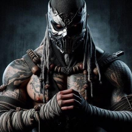 A person with tattoos and a mask

Description automatically generated