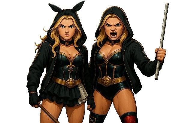 A couple of women in clothing

Description automatically generated