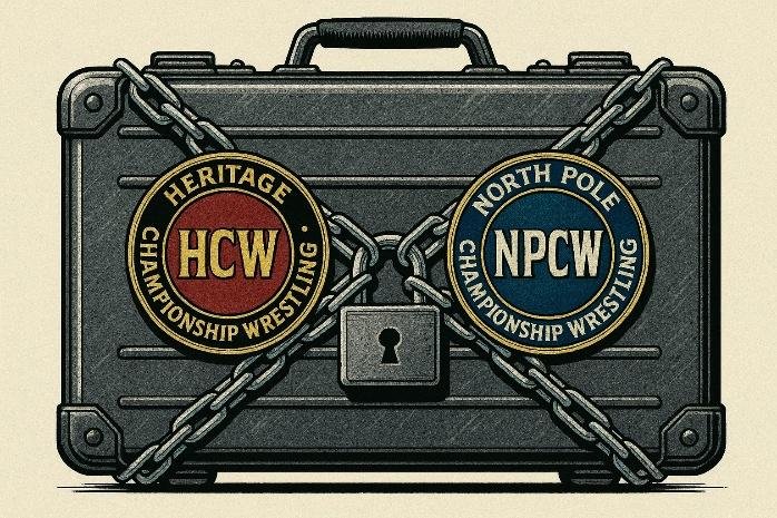 A metal briefcase with a lock and two circles with a chain around it

Description automatically generated