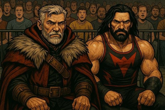 Two men in clothing sitting in a crowd

Description automatically generated