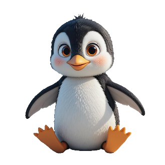 A cartoon penguin sitting on the ground

Description automatically generated