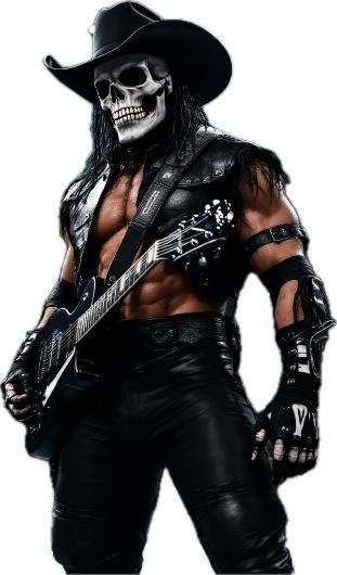 A person with a white face and black hair holding a guitar

Description automatically generated