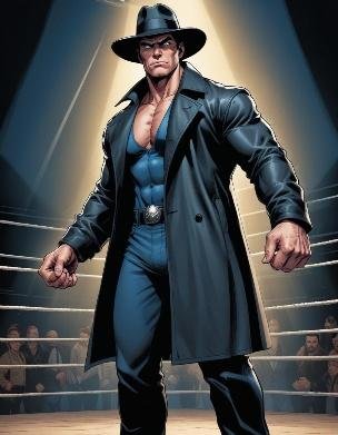 A person in a hat and a trench coat in a boxing ring

Description automatically generated