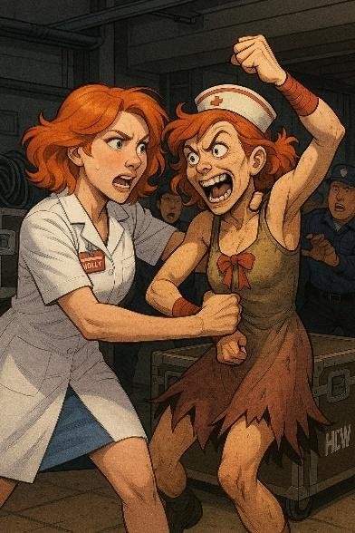 A cartoon of a nurse and a nurse fighting

Description automatically generated