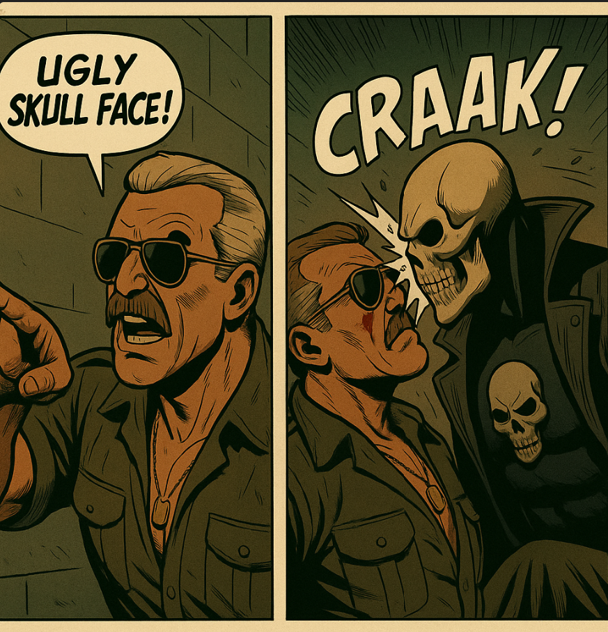 A comic page of a person with a skull on his face

Description automatically generated